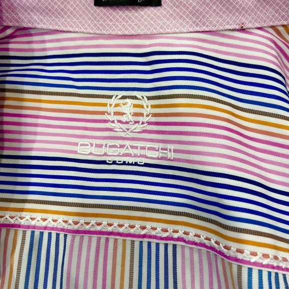 Bugatchi Uomo Men’s Dress Shirt Pink Blue Yellow Stripe Classic Fit Button Up XL - Picture 13 of 15